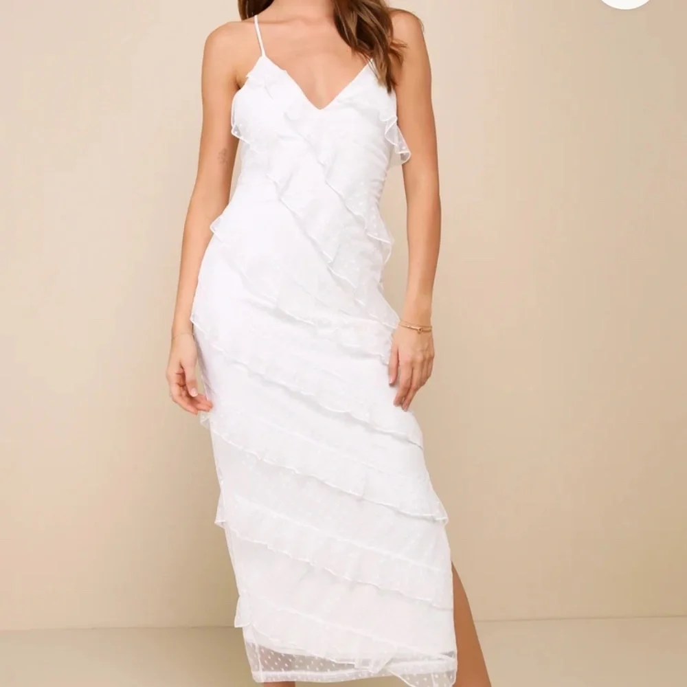 Lulus White Mesh Ruffled Swiss Dot Midi Dress - Picture 3 of 3
